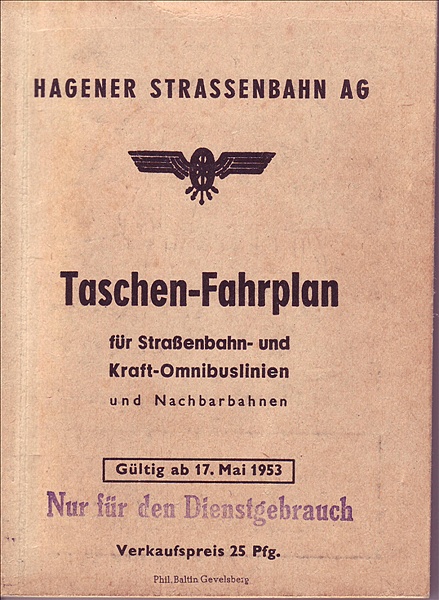 Foto:: Fahrplan Hagener Strassenbahn 1953 / Hagen / 17.05.1953 (Foto,Fotos,Bilder,Bild,)