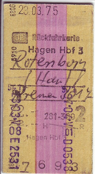 Foto:: Rueckfahrkarte / Hagen - Rotenburg (Han) / 23.03.1975 (Foto,Fotos,Bilder,Bild,)