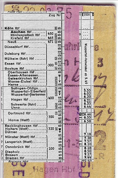 Foto:: Fahrplanauszug / Hagen - Bremen / 23.03.1975 (Foto,Fotos,Bilder,Bild,)