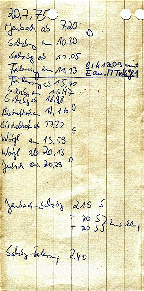 Foto:: Fahrplannotizen zur Fahrt von Jenbach nach Salzburg / 21.07.1975 (Foto,Fotos,Bilder,Bild,)