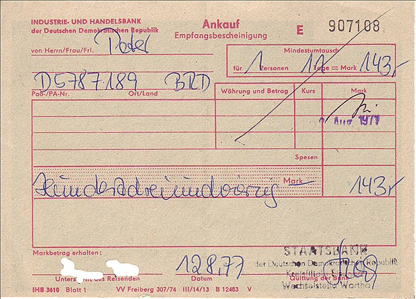 Foto:: Umtauschquittung / Wartha / 12.08.1977 (Foto,Fotos,Bilder,Bild,)