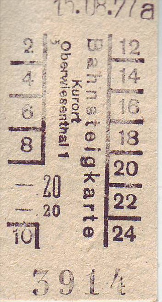 Foto:: Bahnsteigkarte / Oberwiesenthal / 15.08.1977 (Foto,Fotos,Bilder,Bild,)