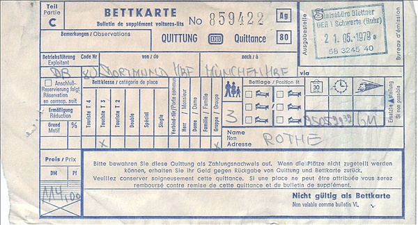 Foto:: Bettkarte / Dortmund - Muenchen / 25.05.1979 (Foto,Fotos,Bilder,Bild,)
