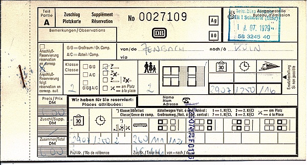Foto:: Platzkarte / Jenbach - Koeln / 29.07.1979 (Foto,Fotos,Bilder,Bild,)