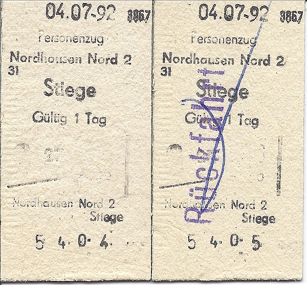 Foto:: Fahrkarten / Nordhausen - Stiege / 04.07.1992 (Foto,Fotos,Bilder,Bild,)